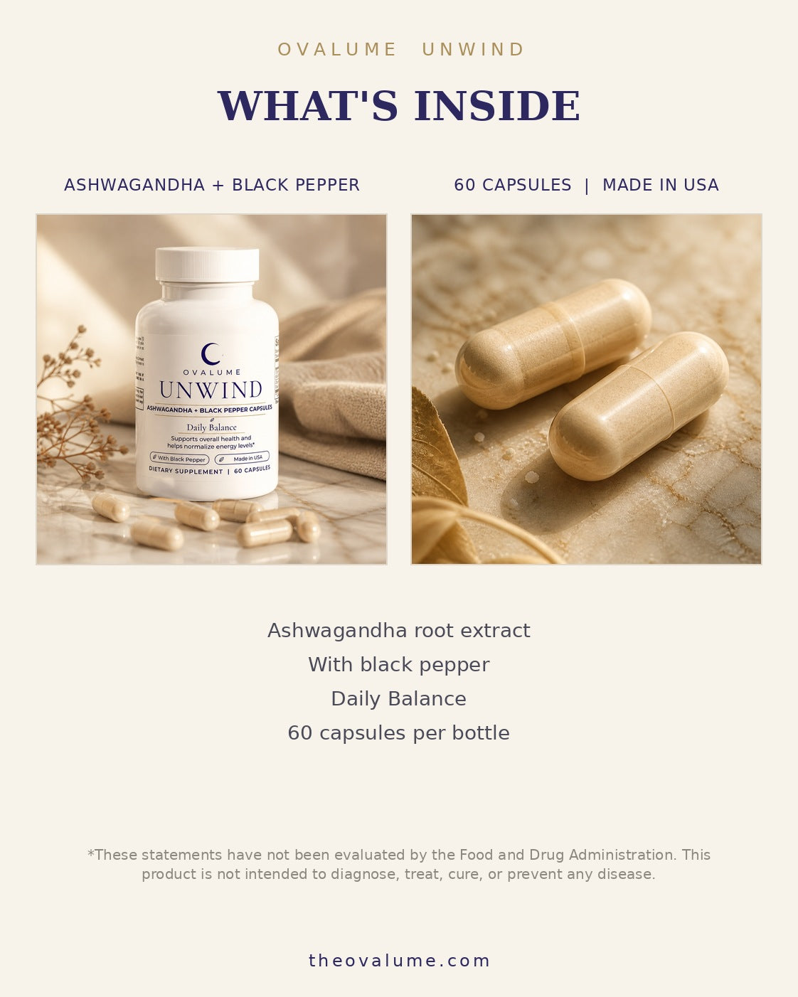 OVALUME UNWIND – Ashwagandha + Black Pepper Capsules