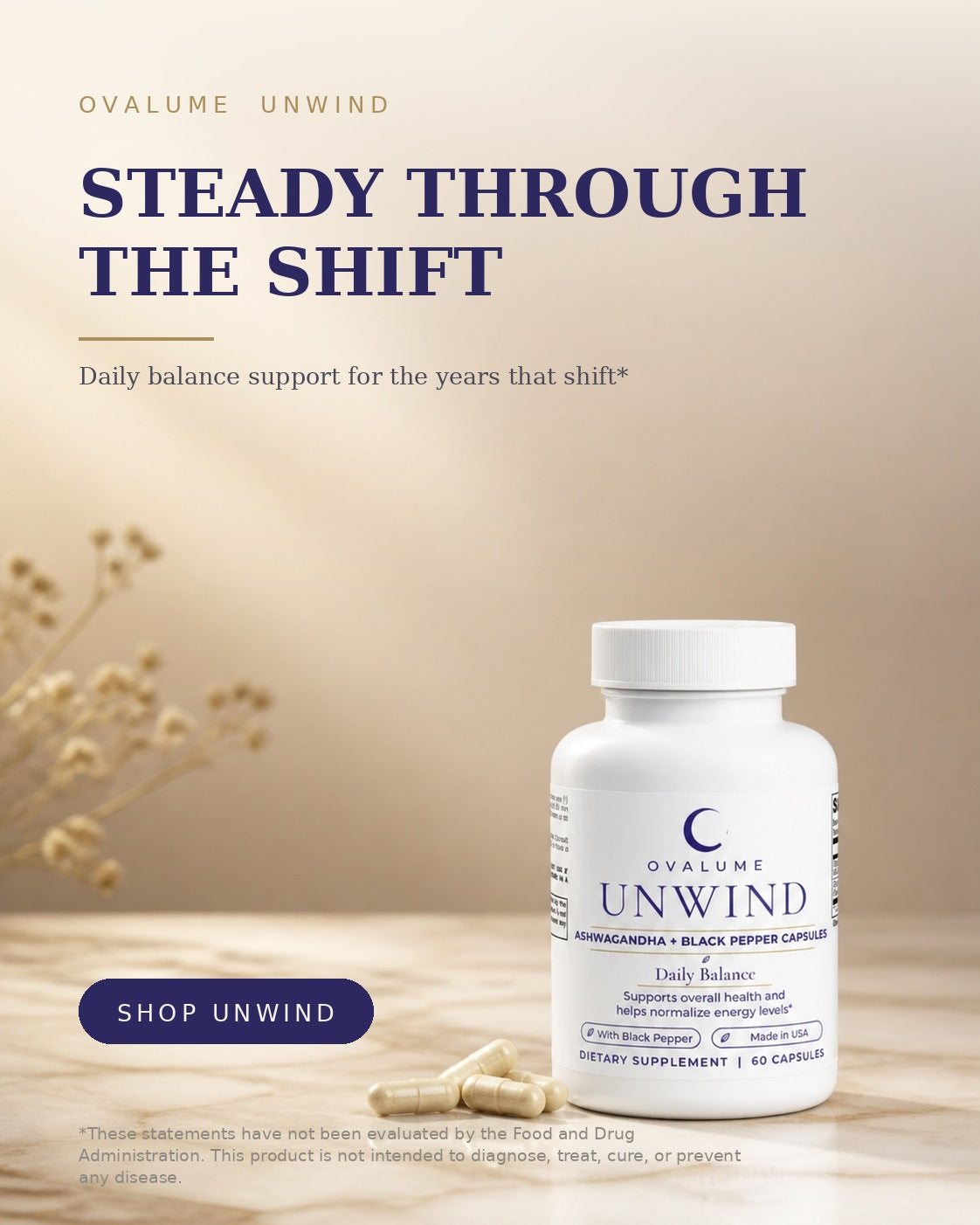 OVALUME UNWIND – Ashwagandha + Black Pepper Capsules